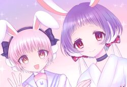  2girls animal_ears animal_print black_hairband closed_mouth commentary_request gekokujou_hana gohan_004 hair_ornament hairband highres japanese_clothes kimono magical_girl mahou_shoujo_ikusei_keikaku mahou_shoujo_ikusei_keikaku_limited multiple_girls open_mouth pink_hair purple_hair rabbit_ears rabbit_girl rabbit_print red_eyes sailor_collar school_uniform short_hair smile snow_white_(mahoiku) sparkle waving yellow_eyes 