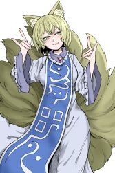  1girl absurdres animal_ear_fluff animal_ears blonde_hair blue_tabard blush breasts commentary double_fox_shadow_puppet dress fang fe_(tetsu) feet_out_of_frame fox_ears fox_girl fox_shadow_puppet fox_tail hands_up highres kitsune kyuubi large_breasts long_sleeves looking_at_viewer missing_headwear multiple_tails open_mouth short_hair simple_background skin_fang smile solo standing tabard tail touhou white_background white_dress white_trim wide_sleeves yakumo_ran yellow_eyes 