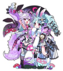  2girls :d absurdres animal_ears animal_hands arm_up asymmetrical_legwear bell black_boots black_bow black_hat black_skirt black_thighhighs blue_hair blue_shirt boots bow bowtie breasts commentary_request cup fake_animal_ears fang full_body gloves hair_bow hat highres holding holding_saucer idol_land_pripara katasumi_amari korean_commentary long_hair mini_hat mini_top_hat mismatched_legwear multiple_girls neck_bell oc_x_canon original owoxxxc parted_lips paw_gloves pink_eyes pink_thighhighs pretty_series pripara purple_gloves purple_hair purple_shirt rabbit_ears saucer shirt single_thighhigh skirt sleeveless sleeveless_shirt small_breasts smile striped_clothes striped_thighhighs teacup thigh-highs top_hat twintails two-tone_skirt two_side_up white_gloves white_skirt white_thighhighs 
