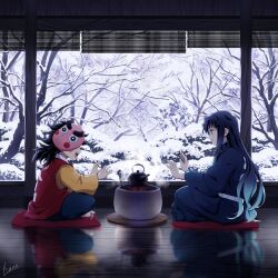  1boy 2boys aqua_eyes aqua_hair belt black_hair closed_mouth commentary_request demon_slayer_uniform hana_ni_nare highres indoors japanese_clothes kettle kimetsu_no_yaiba kotetsu_(kimetsu_no_yaiba) long_hair mask multiple_boys sitting snow solo tokitou_muichirou white_belt winter 