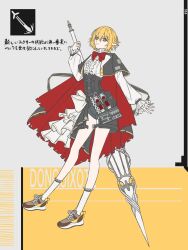  1girl arknights blonde_hair cape commentary_request don_quixote_(project_moon) highres holding holding_polearm holding_weapon kakitokoori lance limbus_company orange_eyes pointy_ears polearm project_moon shoes short_hair solo_focus vampire weapon 