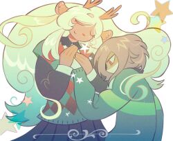  1girl 1other animal_ears animal_nose antlers argyle_clothes argyle_sweater_vest argyle_vest black_shirt black_skirt blonde_hair brown_fur brown_hair closed_eyes commentary_request cuohco deer_antlers deer_ears deer_girl deltarune freckles from_side furry furry_female green_sweater green_vest hand_grab highres horns kris_(deltarune) long_sleeves looking_down medium_hair multicolored_vest no_mouth noelle_holiday red_eyes red_nose red_vest shaded_face shirt sidelocks single_eyebrow skirt smile star_(symbol) striped_clothes striped_sweater sweater sweater_vest thick_eyebrows utdr_(toby_fox) vest wavy_hair white_background white_wrist_cuffs wrist_cuffs 