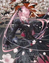  1girl :d ;d black_corset black_dress black_gloves black_jacket black_ribbon black_thighhighs bouno_satoshi breasts cherry_blossoms commentary_request corset cropped_jacket dress floating_hair fur-trimmed_jacket fur-trimmed_sleeves fur_trim gloves gold_trim hair_ribbon hand_up highres hololive hololive_english jacket large_breasts long_hair long_sleeves looking_at_viewer mori_calliope mori_calliope_(grimoire) official_alternate_costume official_alternate_hairstyle official_art one_eye_closed open_mouth pink_eyes pink_hair ponytail reaching reaching_towards_viewer ribbon sidelocks smile solo teeth thigh-highs upper_teeth_only very_long_hair virtual_youtuber 