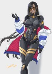  1girl android black_hair commission dark-skinned_female dark_skin earrings highres jacket jacket_partially_removed jewelry joints long_hair mechanical_arms mechanical_legs multicolored_jacket original robot_girl robot_joints round_eyewear seilindekos smile two-sided_fabric two-sided_jacket white_background yellow_eyes 