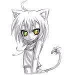  animal_ears arekishi cat_ears cat_tail cat_tails midriff monochrome sharp_teeth sketch smile spot_color tail yellow_eyes 