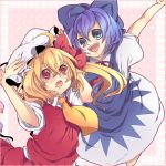  2girls :d ahoge amese_hiyori ascot blonde_hair blue_eyes blue_hair bow cirno dress flandre_scarlet hair_bow hat multiple_girls open_mouth ponytail red_eyes ribbon short_hair side_ponytail skirt smile touhou vest wings 