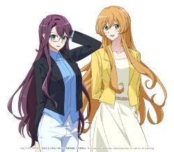  2girls :d aged_up arm_behind_back arm_up arms_behind_back artist_name belt belt_buckle blonde_hair blue_shirt blush buckle collarbone collared_shirt commentary_request cowboy_shot daiba_nana dee0333 dress english_text glasses green_eyes grey_belt hair_between_eyes hand_on_own_head highres hoshimi_junna jacket korean_commentary korean_text lapels long_hair long_sleeves looking_at_viewer multiple_girls notched_lapels official_alternate_costume official_alternate_hairstyle open_clothes open_jacket open_mouth pants parted_bangs purple_hair shirt shoujo_kageki_revue_starlight simple_background smile standing very_long_hair white_background white_dress white_pants yellow_jacket 