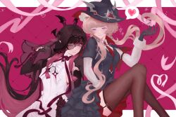  2girls absurdres alternate_universe bare_shoulders bat_wings black_gloves black_hair black_hat blue_eyes blush brown_hair closed_mouth columbina_(big_bad_vampire)_(genshin_impact) columbina_(genshin_impact) commentary cuffed dress english_commentary faeriwish garter_straps genshin_impact gloves hair_ornament hat head_wings heart heart_ribbon highres long_hair multicolored_hair multiple_girls multiple_wings necktie official_alternate_costume one_eye_closed purple_hair purple_streaks purple_wings ribbon sandrone_(genshin_impact) sandrone_(vampire_hunter)_(genshin_impact) short_hair_with_long_locks smile spoken_heart streaked_hair tabletop_troupe_(genshin_impact) two-tone_hair unusually_open_eyes vampire veil very_long_hair violet_eyes wings wrist_bow yuri 