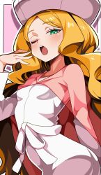  1girl :o ;o arm_up blonde_hair border bow bowtie caitlin_(pokemon) cape commentary_request dress green_eyes hat highres long_hair looking_at_viewer one_eye_closed open_mouth parted_bangs pink_background pink_cape pink_dress pink_hat pokemon pokemon_black_and_white see-through_cape see-through_clothes shiki_(kisikisi1007) sleepy solo tight_clothes very_long_hair white_border white_dress yawning 