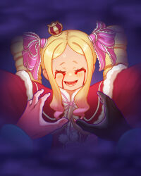  1boy 1girl absurdres beatrice_(re:zero) blonde_hair blood blood_from_eyes blue_eyes blush bow capelet colored_smoke commentary crown dress drill_hair english_commentary fur-trimmed_capelet fur_trim gloves gradient_hair hair_bow hair_ornament hair_ribbon highres long_hair mini_crown mr_cat multicolored_hair natsuki_subaru open_mouth pantyhose parted_bangs pink_ribbon pom_pom_(clothes) purple_background re:zero_kara_hajimeru_isekai_seikatsu red_dress ribbon sidelocks single_glove smile smoke striped_clothes striped_pantyhose tearing_up tears twin_drills upper_body 