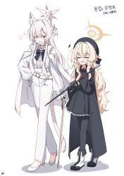  2girls absurdres akira_(blue_archive) animal_ear_fluff animal_ears black_coat black_gloves black_hat black_pantyhose black_sailor_collar black_shirt black_skirt blonde_hair blue_archive blue_bow boots bow cane cane_gun cat_ears cat_girl cat_tail closed_eyes coat coat_on_shoulders commentary_request fluffy_hair gloves green_halo gun half_updo halo hat highres holding holding_cane kiroshi korean_commentary korean_text long_hair multiple_girls open_clothes open_coat pants pantyhose partial_commentary pink_eyes pink_hair pink_halo professor_niyaniya_(blue_archive) red_bow revision sailor_collar shirt shoes skirt tail translation_request very_long_hair weapon white_boots white_coat white_gloves white_pants white_shirt white_shoes 