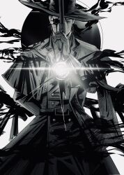  1boy arm_behind_back bags_under_eyes bapibapio belt black_capelet black_gloves black_hat buttons capelet coat cowboy_shot diffraction_spikes double-breasted e.g.o_(project_moon) eclipse facing_viewer gloves greyscale gun half-closed_eyes hat highres holding holding_gun holding_weapon hole_in_chest hole_on_body hollow_(e.g.o) limbus_company male_focus meursault_(project_moon) monochrome project_moon short_hair smoke solo straight-on trench_coat weapon wide_brim 