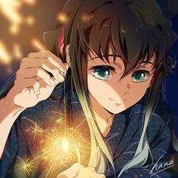  1boy aqua_eyes aqua_hair black_hair closed_mouth commentary_request hana_ni_nare highres japanese_clothes kimetsu_no_yaiba kimono long_hair male_focus smile solo tokitou_muichirou yukata 