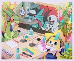  1other :d absol blue_eyes border bottle bright_pupils chikafuji claws colored_skin commentary_request dragon fluffy flygon full_body glasses green_wings headphones highres horns jirachi looking_at_viewer mane microphone neck_fur open_mouth pokemon pokemon_(creature) recording red_eyes salamence single_horn sitting smile tanabata tanzaku water_bottle white_border white_fur white_pupils white_skin wings 
