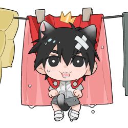  1boy 69b81bfa animal_ears black_eyes black_hair black_shorts bright_pupils cape cat_boy cat_ears cat_tail crown false_memory gold_crown grey_shirt halo hanging_from_clothesline high_collar highres male_focus mini_crown open_mouth protagonist_halo red_cape shirt shoes short_sleeves shorts simple_background sneakers tail tears teeth water_drop wet white_background white_pupils white_shoes 