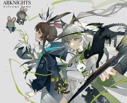  2girls absurdres amiya_(arknights) amiya_(medic)_(arknights) animal_ear_fluff animal_ears arknights bare_shoulders black_cat black_jacket blue_eyes brown_hair cat cat_ears cat_girl chinese_commentary choshanland_plushy_(arknights) civilight_eterna_(arknights) closed_mouth commentary_request copyright_name cowboy_shot doctor_(arknights) dress english_text green_eyes grey_background grey_hair hair_between_eyes highres jacket jewelry kal'tsit_(arknights) kal'tsit_esperanta_(arknights) long_hair long_sleeves looking_to_the_side mon3tr_(arknights) multiple_girls multiple_rings ponytail procreate_(medium) profile rabbit_ears rabbit_girl ring ring_on_every_finger stuffed_animal stuffed_rabbit stuffed_toy white_dress yi_duo_luohua 