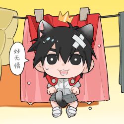  1boy 69b81bfa animal_ears black_eyes black_hair black_shorts bright_pupils cape cat_boy cat_ears cat_tail chinese_commentary commentary_request crown false_memory gold_crown grey_shirt halo hanging_from_clothesline high_collar highres male_focus mini_crown open_mouth protagonist_halo red_cape shirt shoes short_sleeves shorts simple_background sneakers tail tears teeth water_drop wet white_background white_pupils white_shoes yellow_background 