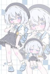  1girl absurdres backpack bag beret black_skirt blue_bag blue_bow blue_bowtie blue_eyes blush bow bowtie center_frills chibi closed_mouth collared_shirt commentary crime_prevention_buzzer finger_to_mouth frills full_body grid_background hair_between_eyes hair_ornament hairclip half-closed_eyes hat highres index_finger_raised izumi_(yura_izumi) looking_at_viewer miniskirt multiple_views original outline pleated_skirt puffy_short_sleeves puffy_sleeves randoseru shirt shoes short_hair short_sleeves skirt socks standing star_(symbol) suspender_skirt suspenders untranslatable_commentary white_hair white_outline white_shirt white_socks 