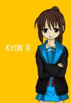 cardigan genderswap kyon kyonko ponytail school_uniform solo suzumiya_haruhi_no_yuuutsu venus_symbol yellow_background 