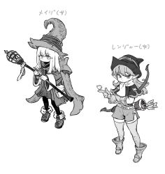  2girls ankle_boots arrow_(projectile) belt belt_buckle blush boots bow_(weapon) buckle capelet cloak closed_mouth coat commentary dot_nose eyelashes fantasy full_body gloves greyscale hand_on_own_arm hands_up hat highres holding holding_staff hood hood_down hooded_cloak index_finger_raised jun_(navigavi) long_hair long_sleeves looking_at_viewer looking_to_the_side mage_staff medium_hair monochrome multiple_girls original pantyhose parted_lips pointy_ears quiver ribbon scarf shirt short_shorts shorts simple_background sketch skirt staff standing thigh-highs translation_request weapon weapon_on_back white_background wide_sleeves witch_hat 