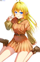  1girl absurdres alternate_breast_size_(larger) artist_name blonde_hair blue_eyes boots breasts brown_boots commentary commission commissioner_upload dress earrings elf highres jewelry long_hair lori_hagami lotte_farona necklace official_art orange_dress orange_shirt orange_skirt patreon_username pointy_ears shirt simple_background skirt small_breasts solo v ways_of_darkness_(series) white_background 