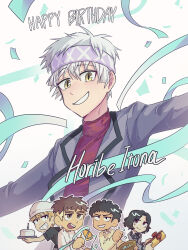  1girl 4boys ansatsu_kyoushitsu birthday_cake black_hair black_necktie black_shirt blonde_hair blush bow brown_eyes cake character_name closed_mouth collared_shirt commentary_request confetti food gift grin happy_birthday hazama_kirara headband highres holding holding_gift holding_party_popper horibe_itona korean_commentary kunugigaoka_middle_school_uniform m_uramatsu_takuya mixed-language_commentary multiple_boys muramatsu_takuya necktie open_mouth party_popper red_bow school_uniform shirt smile solo_focus terasaka_ryouma white_background white_hair white_shirt yellow_eyes yoshida_taisei 