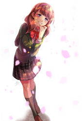  1girl arm_behind_back black_socks blazer bow bowtie brown_hair brown_shoes commentary_request flying_sweatdrops full_body green_jacket grey_skirt grin hairband hand_up heart heart-shaped_pupils highres idolmaster idolmaster_cinderella_girls jacket leaning_forward looking_at_viewer medium_hair nemuko_(minkoooozzz) pink_hairband plaid_clothes plaid_skirt pleated_skirt red_bow red_bowtie sakuma_mayu shoes signature skirt smile socks solo standing symbol-shaped_pupils violet_eyes 