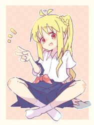  1girl absurdres ahoge ahoge_wag blonde_hair blue_skirt blush bocchi_the_rock! bow bowtie braid braided_base collared_shirt commentary detached_ahoge expressive_hair full_body high_side_ponytail highres ijichi_nijika indian_style long_hair long_sidelocks looking_at_viewer megateru open_mouth pink_background pleated_skirt polka_dot polka_dot_bow polka_dot_bowtie ponytail red_bow red_bowtie red_eyes school_uniform shimokitazawa_high_school_uniform shirt short_sleeves side_ponytail side_ponytail_with_braided_base sidelocks simple_background sitting skirt smile socks solo v white_shirt white_socks 