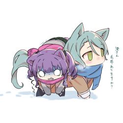  2girls absurdres animal_ears aqua_hair bang_dream! bang_dream!_girls_band_party! blue_scarf blue_skirt blush brown_dress carrying chibi closed_eyes cold commentary dress fang green_eyes grey_jacket hair_between_eyes hanasakigawa_school_uniform haneoka_school_uniform highres hikawa_sayo jacket kanade_(kanade_3344) kemonomimi_mode long_hair long_sleeves multiple_girls neck_ribbon open_mouth pink_scarf pleated_dress purple_hair red_ribbon ribbon sailor_dress scarf school_uniform simple_background skin_fang skirt snot tail translation_request trembling twintails udagawa_ako white_background 
