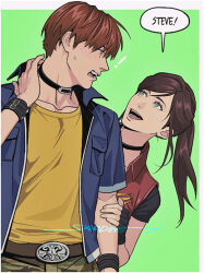  1boy 1girl arm_support belt black_choker black_gloves blue_eyes blue_jacket blush bracelet brown_hair camouflage camouflage_pants capcom choker claire_redfield couple embarrassed fingerless_gloves from_behind gloves jacket jewelry light_smile looking_at_another multiple_bracelets open_clothes open_mouth open_shirt pale_skin pants ponytail red_hair red_jacket resident_evil resident_evil:_the_darkside_chronicles resident_evil_-_code:_veronica sardine_(kjr0313) shirt smile speech_bubble steve_burnside sweat sweatdrop yellow_shirt 