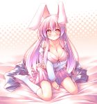  bare_shoulders blush bra breasts bunny_ears cleavage highres kibushi kneehighs kneeling large_breasts lingerie long_hair off_shoulder open_clothes open_shirt purple_hair rabbit_ears red_eyes reisen_udongein_inaba shirt sitting socks solo strap_slip touhou underwear wariza white_kneehighs white_legwear 