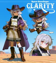  1girl :< absurdres black_socks blue_sky boots breasts brown_boots brown_gloves buttons closed_mouth commentary cowboy cowboy_hat day dot_nose double-parted_bangs english_commentary english_text full_body gloves grey_skirt hair_between_eyes hat hepari heterochromia highres holding holding_sword holding_weapon jacket long_hair long_sleeves looking_at_viewer multiple_views open_clothes open_jacket original outdoors purple_hat purple_jacket red_eyes shirt skirt sky small_breasts socks standing sword twitter_username violet_eyes weapon white_hair white_shirt 