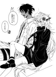  1boy 1girl amiya_(arknights) animal_ears arknights boots cigarette coat commentary_request doctor_(arknights) greyscale hair_ornament hairclip hands_in_pockets highres hno328758 lappland_(arknights) long_hair monochrome out_of_frame ponytail short_ponytail shorts sitting smoke smoking tail thorns_(arknights) translated very_long_hair wolf_ears wolf_girl wolf_tail yawning 