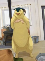  1boy blurry brown_hair bucket commentary_request cup curtains door fangs fireplace highres hug hug_from_behind indoors male_focus official_art open_mouth pokemon pokemon_(creature) red_eyes socks standing teapot tiptoes typhlosion water window wooden_floor 