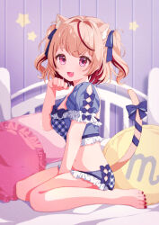  1girl akane_rura animal_ears barefoot bed blue_bow blue_ribbon blush bow breasts brown_hair cat_ears cat_girl cat_tail commentary_request commission fang full_body hair_ornament hair_ribbon hat highres indie_virtual_youtuber indoors looking_at_viewer medium_breasts medium_hair midriff moekaki426 multicolored_hair nail_polish navel open_mouth paw_pose red_eyes red_hair red_nails ribbon sidelocks skeb_commission smile solo streaked_hair tail thighs toenail_polish toenails twintails virtual_youtuber 
