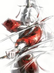  1boy absurdres bracelet character_request chinese_clothes closed_eyes copyright_request covered_mouth cowboy_shot curtained_hair dual_wielding eyelashes forehead_jewel hanfu high_ponytail highres holding holding_weapon jewelry long_hair long_sleeves male_focus ponytail red_hanfu solo very_long_hair weapon white_background white_hair yue_xia_wang_chuan_lu 