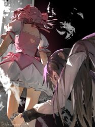 2girls akemi_homura akemi_homura_(magical_girl) back_cutout black_hair bow bow_choker bubble_skirt choker closed_eyes clothing_cutout commentary crying dress from_behind hair_bow heart_cutout kaname_madoka kaname_madoka_(magical_girl) long_hair magical_girl mahou_shoujo_madoka_magica mahou_shoujo_madoka_magica_(anime) multiple_girls on_ground pink_dress pink_hair puffy_sleeves purple_eyes red_choker ribbon shenwanjia shirt short_hair short_sleeves short_twintails skirt soul_gem_(madoka_magica) twintails twitter_username two-tone_dress white_shirt