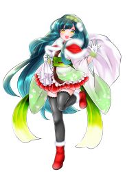 1girl :d absurdres black_thighhighs boots capelet edomura_niniko full_body fur-trimmed_boots fur-trimmed_capelet fur-trimmed_gloves fur_trim gloves gradient_clothes gradient_kimono green_hair green_hairband green_kimono green_sash hairband highres japanese_clothes kimono long_hair looking_at_viewer obi official_art pleated_skirt red_boots red_capelet red_skirt sack santa_costume sash second-party_source short_kimono simple_background skirt smile solo standing standing_on_one_leg teeth thigh-highs touhoku_zunko transparent_background two-tone_kimono upper_teeth_only very_long_hair voiceroid white_gloves white_kimono yellow_eyes zettai_ryouiki 