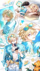 1boy abs aqua-tinted_eyewear aqua_shirt aqua_streaks aventurine_(honkai:_star_rail) aventurine_(waveflair)_(honkai:_star_rail) blonde_hair blue_hawaii bracelet braid eye_mask flower gold_necklace hawaiian_shirt highres honkai:_star_rail honkai_(series) indigopp jewelry looking_at_viewer male_focus male_swimwear mask multicolored_hair multiple_necklaces multiple_views neck_tattoo necklace official_alternate_costume open_clothes open_shirt phone photo_(object) shirt short_hair streaked_hair sunglasses tattoo tinted_eyewear white_male_swimwear yellow-framed_eyewear 