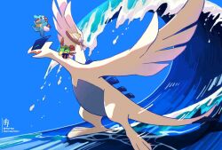  animal_focus bag bird blue_background chikafuji closed_eyes fangs feathers full_body green_feathers hat highres lugia natu no_humans open_mouth pokemon pokemon_(creature) pokemon_focus ribbon simple_background skin_fangs standing sun_hat totodile waves white_bag white_ribbon wings 
