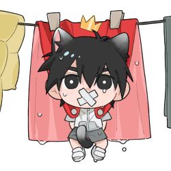  1boy 69b81bfa animal_ears black_eyes black_hair black_shorts bright_pupils cape cat_boy cat_ears cat_tail chinese_commentary commentary_request covered_mouth crown false_memory gold_crown grey_shirt halo hanging_from_clothesline high_collar highres male_focus mini_crown protagonist_halo red_cape shirt shoes short_sleeves shorts simple_background sneakers tail tears water_drop wet white_background white_pupils white_shoes 