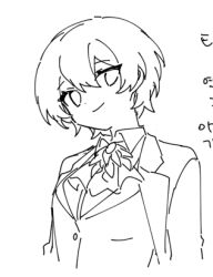  1girl angela_(project_moon) ascot closed_mouth coat collared_shirt friedbirdchips greyscale lapels library_of_ruina looking_at_viewer lowres monochrome notched_lapels project_moon shirt short_hair sketch smile solo upper_body 