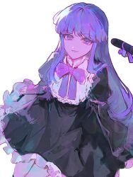  1girl black_dress bow cat_tail collared_dress dress frederica_bernkastel frilled_dress frilled_sleeves frills gothic_lolita highres layered_dress light_smile lolita_fashion long_hair long_sleeves looking_at_viewer mzzzzzang open_mouth puffy_sleeves purple_bow purple_hair simple_background sitting smile solo tail tail_bow tail_ornament umineko_no_naku_koro_ni violet_eyes white_background 