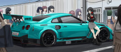  6+girls absurdres afu_(amzs8345) artist_name bang_dream! bang_dream!_it's_mygo!!!!! black_boots black_hair black_jacket blue_car boots car chinese_commentary commentary_request crossed_arms day faceless faceless_female flower flower_in_mouth grey_skirt highres jacket leather leather_jacket long_hair miniskirt motor_vehicle mouth_hold multiple_girls open_clothes open_jacket outdoors red_flower red_rose red_shirt rose shirt skirt standing sunglasses vehicle_request wide_shot yahata_umiri 