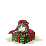  :d bow box chibi front_ponytail gift green_hair hair_bow kagiyama_hina open_mouth ribbon simple_background smile socha touhou 