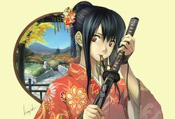  brown_eyes japanese_clothes katana kurojishi mouth_hold original sheath sheathed sword weapon 