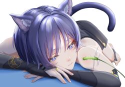  1boy animal_ear_fluff animal_ears armor bare_shoulders bishounen black_bodysuit black_bridal_gauntlets black_shorts blunt_ends bodysuit bridal_gauntlets bright_pupils cat_boy cat_ears cat_girl closed_mouth commentary_request eyeliner fingernails genshin_impact gold_ring gold_trim hakama hakama_shorts half-closed_eyes head_rest japanese_armor japanese_clothes kote kurokote leu_135 looking_at_object lower_eyelashes_only lying makeup male_focus middle_ring object_request on_stomach open_hands own_hands_together pleated_shorts purple_hair red_eyeliner scaramouche_(genshin_impact) shorts solo split_mouth stirrup_legwear toeless_legwear toenails twitter_username violet_eyes wanderer_(genshin_impact) white_background white_pupils 