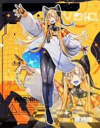  1girl :d animal_hat aosoraa6 arm_up beanie black_bodysuit black_gloves black_hat black_shoes blonde_hair blue_dress blue_tongue bodysuit bodysuit_under_clothes bright_pupils call_of_cthulhu cat_hat checkered_floor colored_tongue copyright_name dress earflap_beanie flipped_hair full_body gloves hat highres joints long_hair long_sleeves looking_at_viewer multicolored_gloves off-shoulder_dress off_shoulder open_hands orange_dress orange_eyes orange_gloves outline outstretched_arms puffy_long_sleeves puffy_sleeves quilted_clothes robot_joints shoes short_dress sign smile solo sparkle standing star-shaped_pupils star_(symbol) star_ornament starry_sky_print sticker straight_hair symbol-shaped_pupils tent_dress two-sided_dress two-sided_fabric two-tone_gloves void_(ttrpg_scenario) warning_sign waving white_dress white_outline white_pupils wispy_bangs yellow_background zoom_layer 