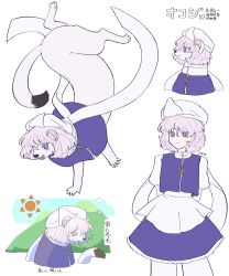  1girl absurdres animal animalization apron arms_behind_back blue_skirt blue_vest closed_mouth clothed_animal commentary_request hat highres juliet_sleeves lapel_pin letty_whiterock long_sleeves looking_at_viewer multiple_views otter pink_hair puffy_sleeves scarf shirt simple_background skirt smile tktkhappymchyru touhou translation_request vest violet_eyes waist_apron white_apron white_background white_hat white_scarf white_shirt 