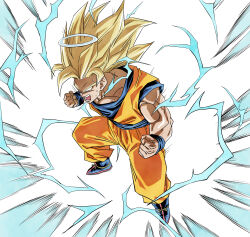  amayuki318 aura belt biceps blue_background blue_belt blue_boots blue_shirt boots broad_shoulders clenched_hands commentary_request dragon_ball dragon_ball_z electricity fighting_stance floating from_above halo henshin highres long_hair martial_arts_belt muscular muscular_male orange_dougi pectorals screaming shirt short_sleeves sleeveless son_goku spiky_hair super_saiyan super_saiyan_2 super_saiyan_3 sweatdrop thick_eyebrows thick_neck transformation undershirt wristband 